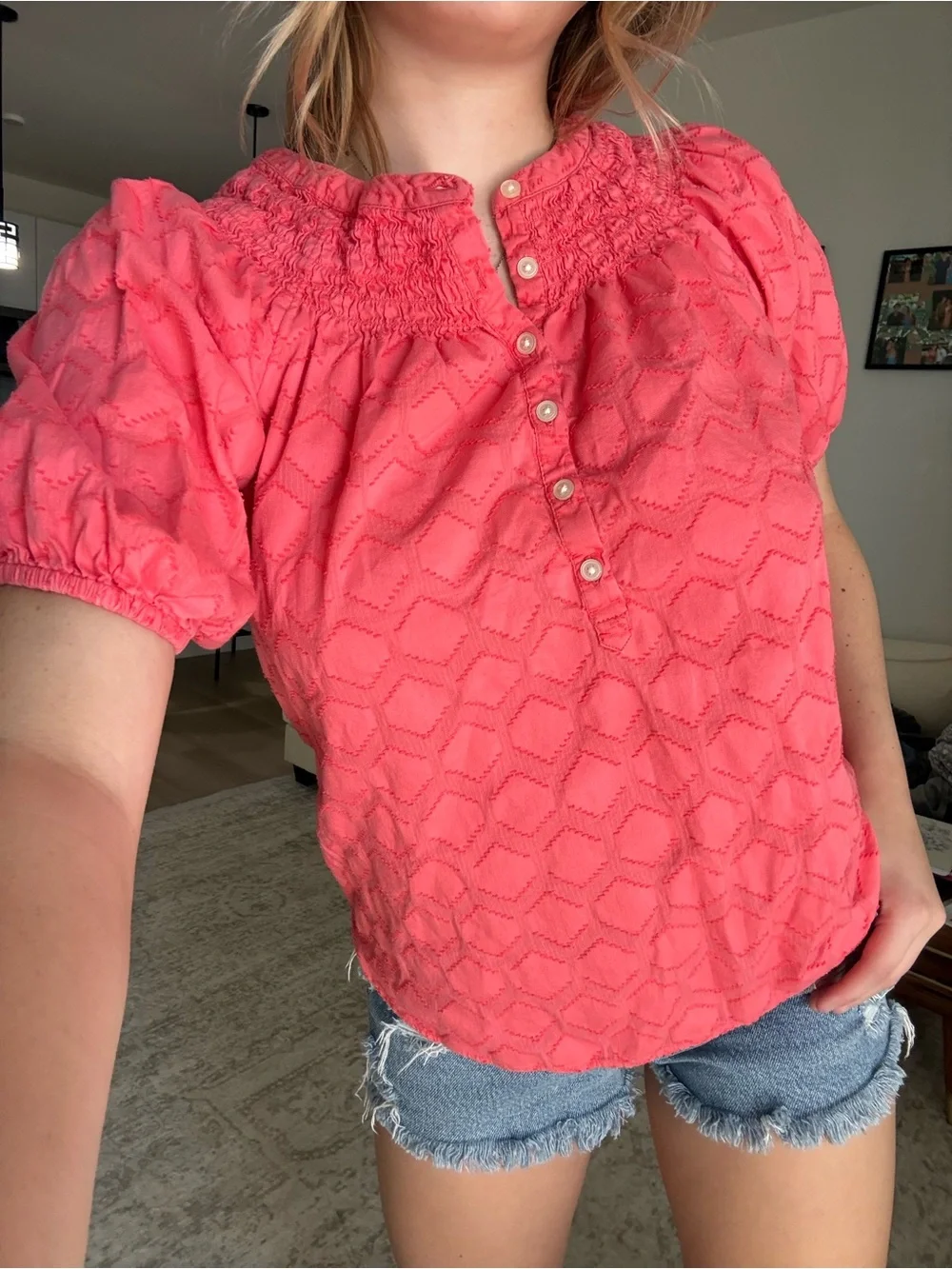 LOFT Coral Smocked Yoke Puff-Sleeve Blouse